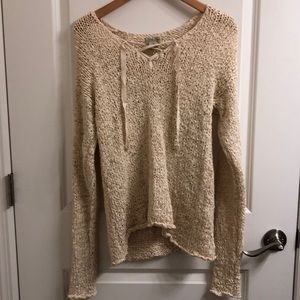 Lucky Brand Loose Weave Sweater with Lace Up Neck